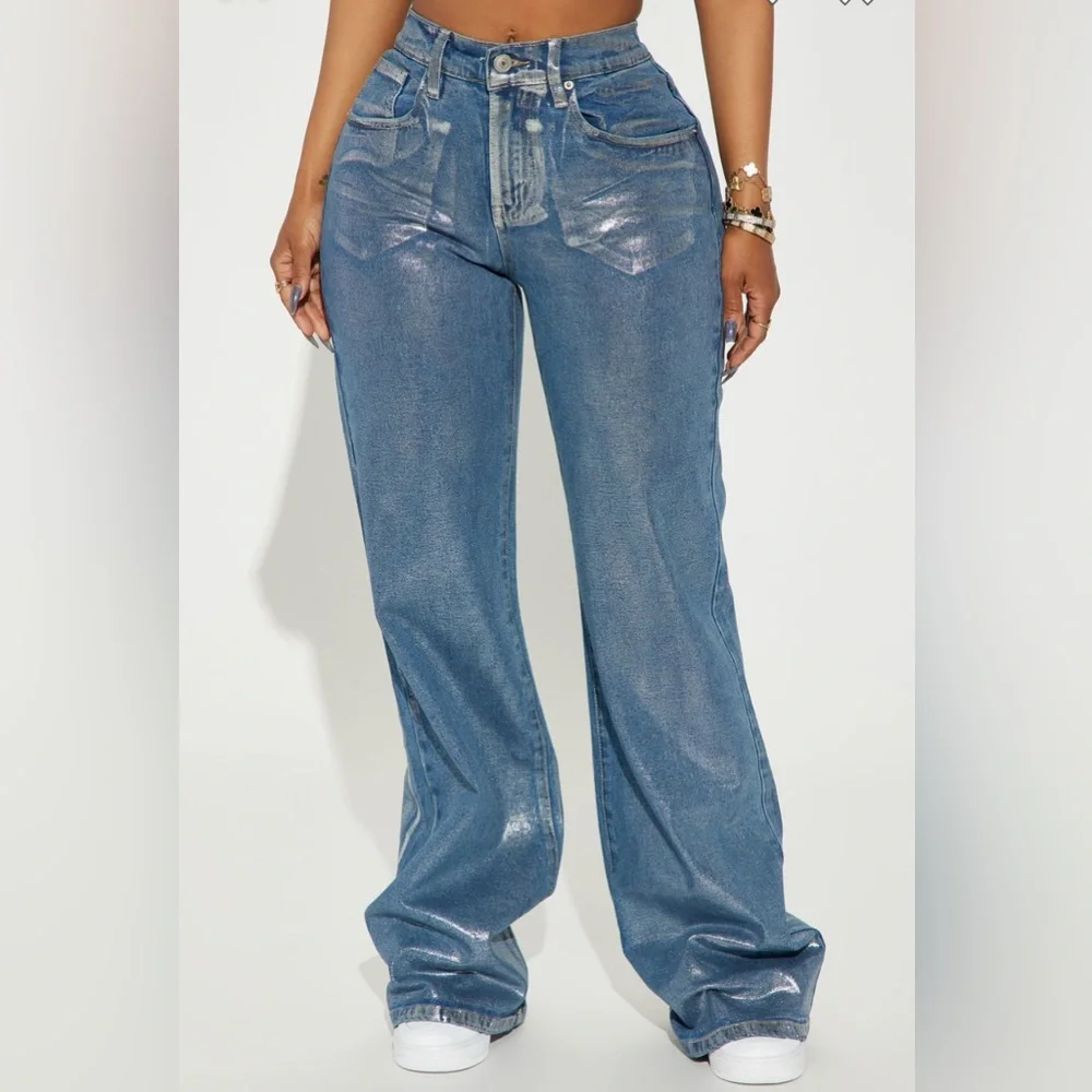 FASHION NOVA | Women’s Cold As Ice Foil Print Baggy Jeans - Silver NWT SIZE 7 - Picture 4 of 6